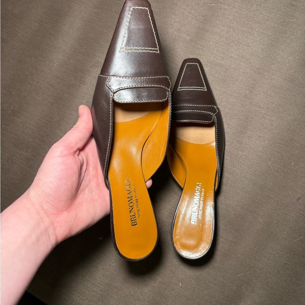 Bruno Magli Dark Brown Leather Square-Toe Slip-On Mules